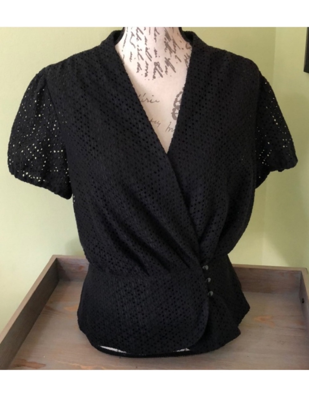 NWOT Black Eyelet Wrap-Style Peplum Blouse